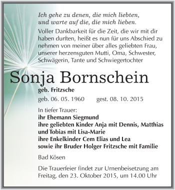 Traueranzeige von Sonja Bornschein von Mitteldeutsche Zeitung Naumburg/Nebra