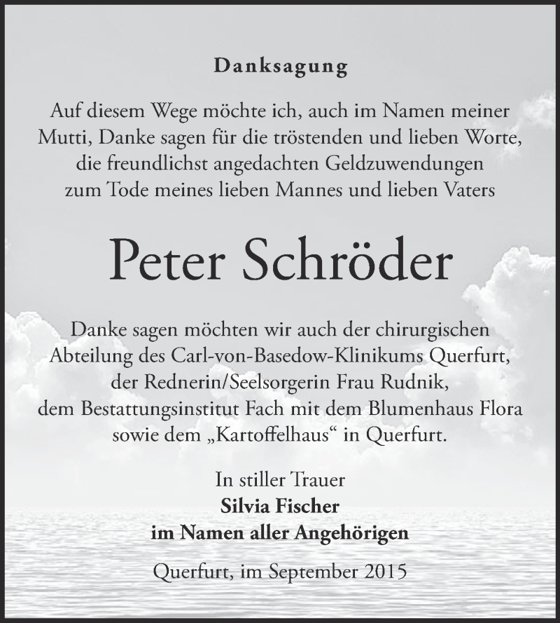  Traueranzeige für Peter Schröder vom 03.10.2015 aus WVG - Wochenspiegel Merseburg