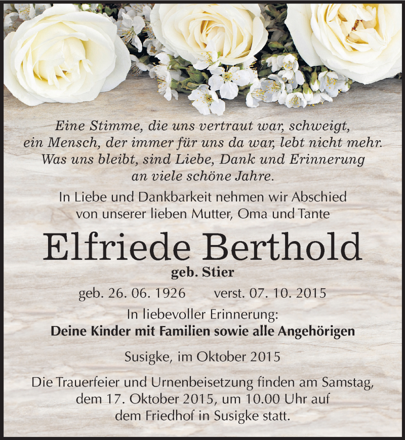 Traueranzeige für Elfriede Berthold vom 13.10.2015 aus Mitteldeutsche Zeitung Köthen