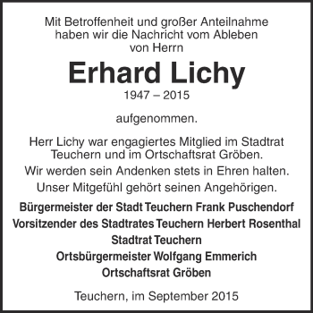 Traueranzeige von Erhard Lichy von WVG - Wochenspiegel NMB / WSF / ZTZ
