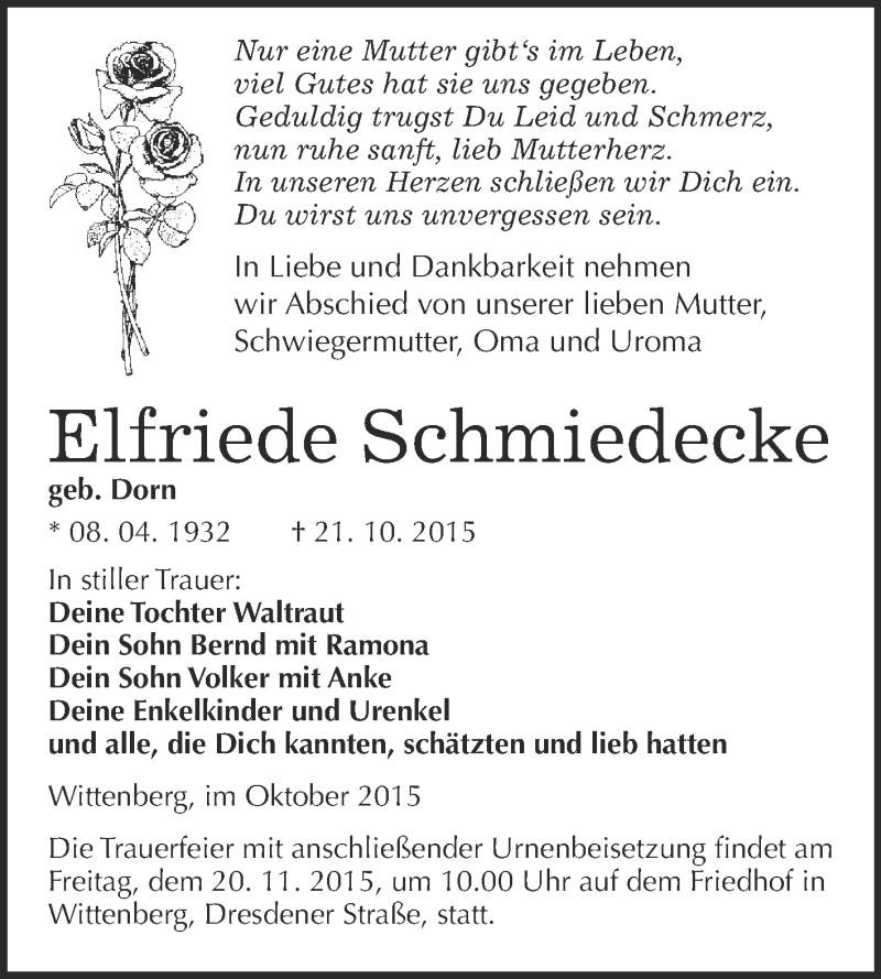  Traueranzeige für Elfriede Schmiedecke vom 31.10.2015 aus WVG - Wochenspiegel Wittenberg
