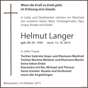 Traueranzeige von Helmut Langer von Super Sonntag Zeitz