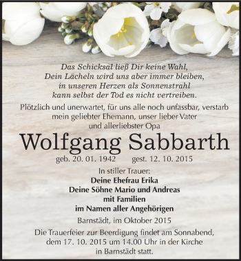 Traueranzeige von Wolfgang Sabbarth von Mitteldeutsche Zeitung Merseburg/Querfurt