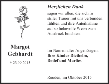Traueranzeige von Margot Gebhardt von Super Sonntag Wittenberg