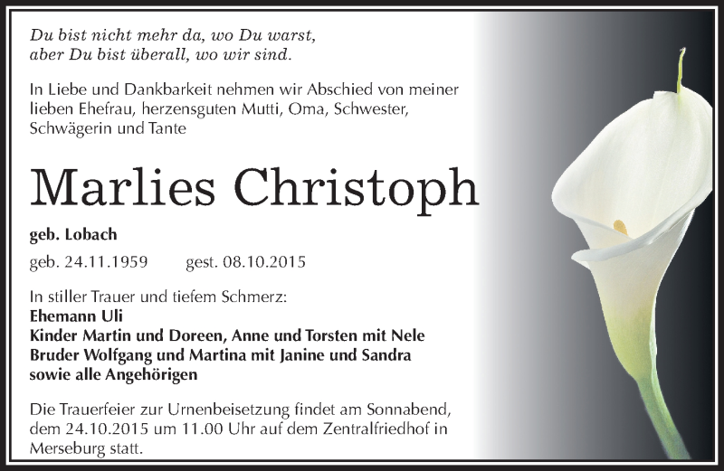  Traueranzeige für Marlies Christoph vom 17.10.2015 aus Mitteldeutsche Zeitung Merseburg/Querfurt