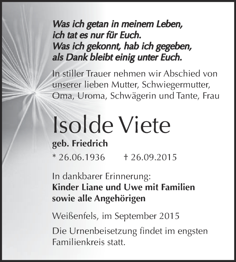  Traueranzeige für Isolde Viete vom 07.10.2015 aus Super Sonntag Merseburg