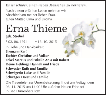 Traueranzeige von Erna Thieme von WVG - Wochenspiegel Merseburg