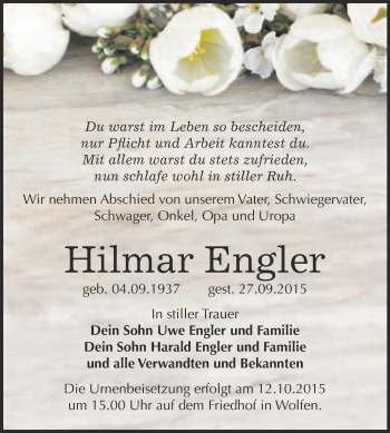 Traueranzeige von Hilmar Engler von WVG - Wochenspiegel Bitterfeld