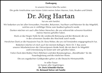 Traueranzeige von Jörg Hartan von Mitteldeutsche Zeitung Halle/Saalkreis