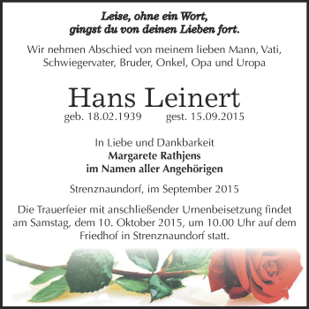 Traueranzeige von Hans Leinert von Super Sonntag Bernburg