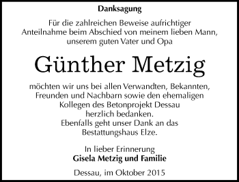 Traueranzeige von Günther Metzig von Mitteldeutsche Zeitung Dessau-Roßlau