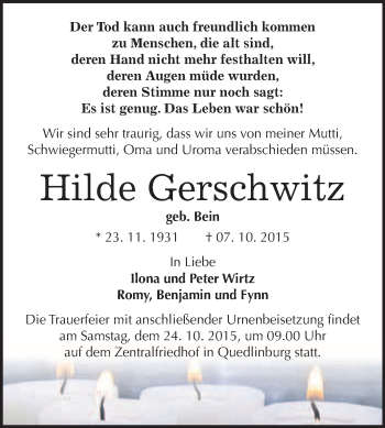 Traueranzeige von Hilde Gerschwitz von WVG - Wochenspiegel Quedlinburg