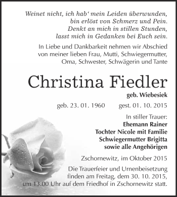 Traueranzeige von Christina Fiedler von WVG - Wochenspiegel Wittenberg