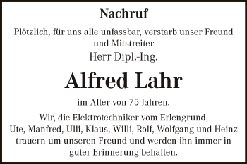 Traueranzeige von Alfred Lahr von WVG - Wochenspiegel Dessau / Köthen