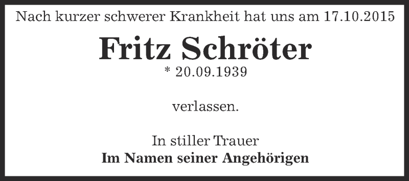  Traueranzeige für Fritz Schröter vom 24.10.2015 aus WVG - Wochenspiegel Dessau / Köthen
