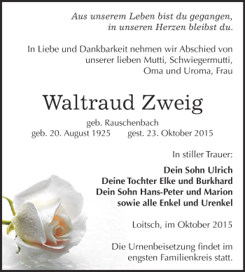 Traueranzeige von Waltraud Zweig von Super Sonntag Zeitz