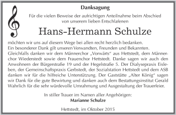 Traueranzeige von Hans-Hermann Schulze von Super Sonntag SGH Mansf. Land
