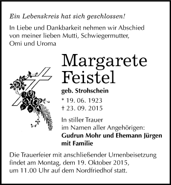 Traueranzeige von Margarete Feistel von Mitteldeutsche Zeitung Halle/Saalkreis