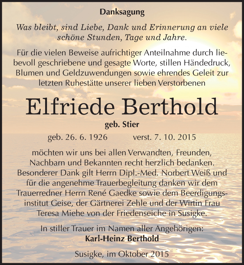  Traueranzeige für Elfriede Berthold vom 22.10.2015 aus Mitteldeutsche Zeitung Köthen