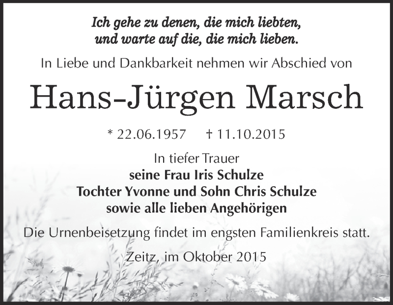  Traueranzeige für Hans-Jürgen Marsch vom 17.10.2015 aus Super Sonntag Zeitz