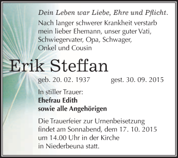 Traueranzeige von Erik Steffan von WVG - Wochenspiegel Merseburg