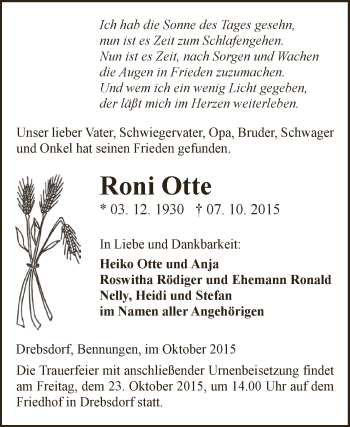 Traueranzeige von Roni Otte von WVG - Wochenspiegel SGH