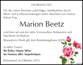Traueranzeige von Marion Beetz von Super Sonntag Zeitz