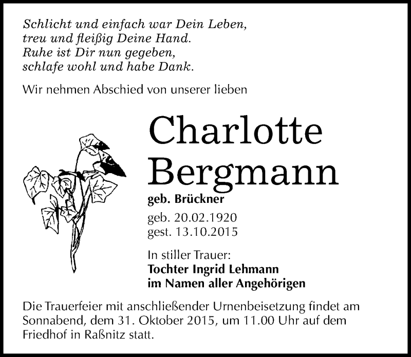  Traueranzeige für Charlotte Bergmann vom 24.10.2015 aus Mitteldeutsche Zeitung Merseburg/Querfurt
