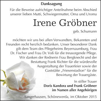 Traueranzeige von Irene Gröbner von Super Sonntag SGH Mansf. Land