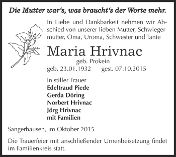 Traueranzeige von Maria Hrivnac von WVG - Wochenspiegel SGH
