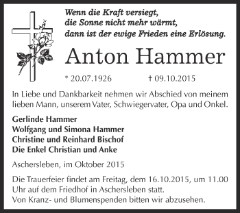 Traueranzeige von Anton Hammer von Super Sonntag Aschersleben