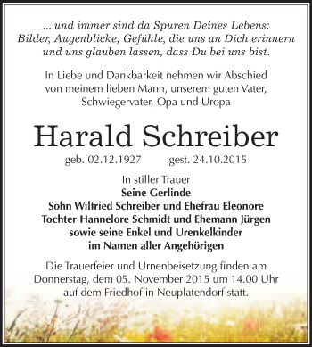 Traueranzeige von Harald Schreiber von WVG - Wochenspiegel Quedlinburg