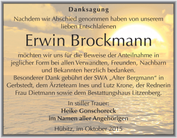 Traueranzeige von Erwin Brockmann von Wochenspiegel Mansfelder Land