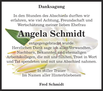 Traueranzeige von Angela Schmidt von WVG - Wochenspiegel Dessau / Köthen