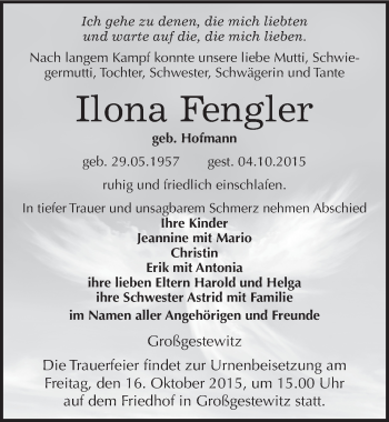 Traueranzeige von Ilona Fengler von Mitteldeutsche Zeitung Naumburg/Nebra