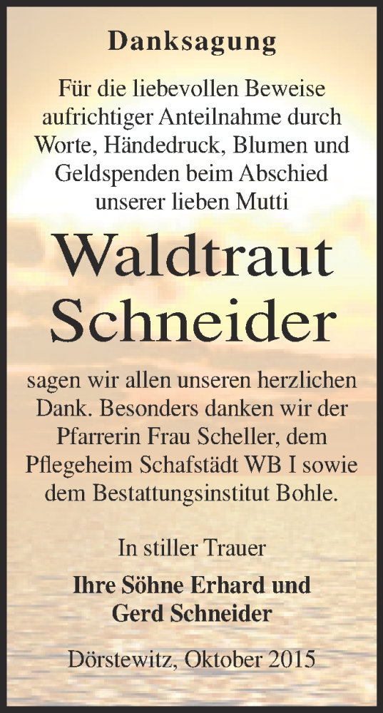  Traueranzeige für Waltraut Schneider vom 31.10.2015 aus Super Sonntag Merseburg