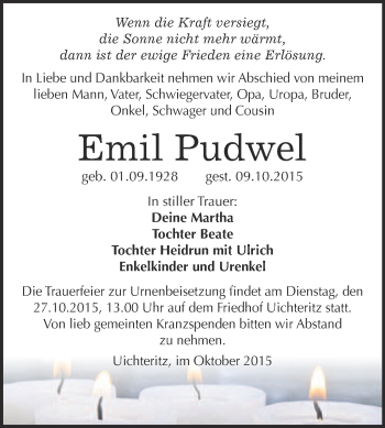 Traueranzeige von Emil Pudwel von WVG - Wochenspiegel NMB / WSF / ZTZ