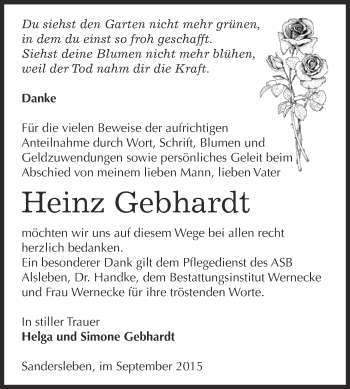 Traueranzeige von Heinz Gebhardt von Super Sonntag SGH Mansf. Land