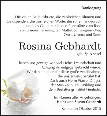 Traueranzeige von Rosina Gebhardt von Mitteldeutsche Zeitung Sangerhausen