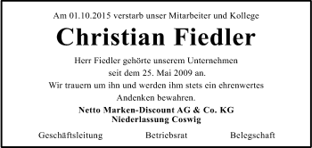 Traueranzeige von Christian Fiedler von WVG - Wochenspiegel Halle