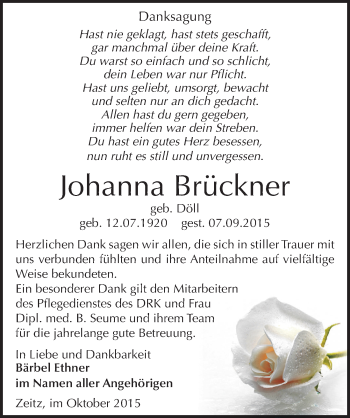 Traueranzeige von Johanna Brückner von Mitteldeutsche Zeitung Zeitz
