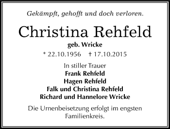 Traueranzeige von Christina Rehfeld von Mitteldeutsche Zeitung Wittenberg