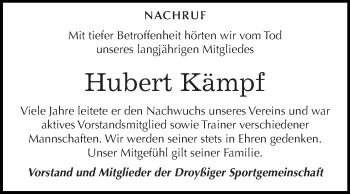 Traueranzeige von Hubert Kämpf von WVG - Wochenspiegel NMB / WSF / ZTZ
