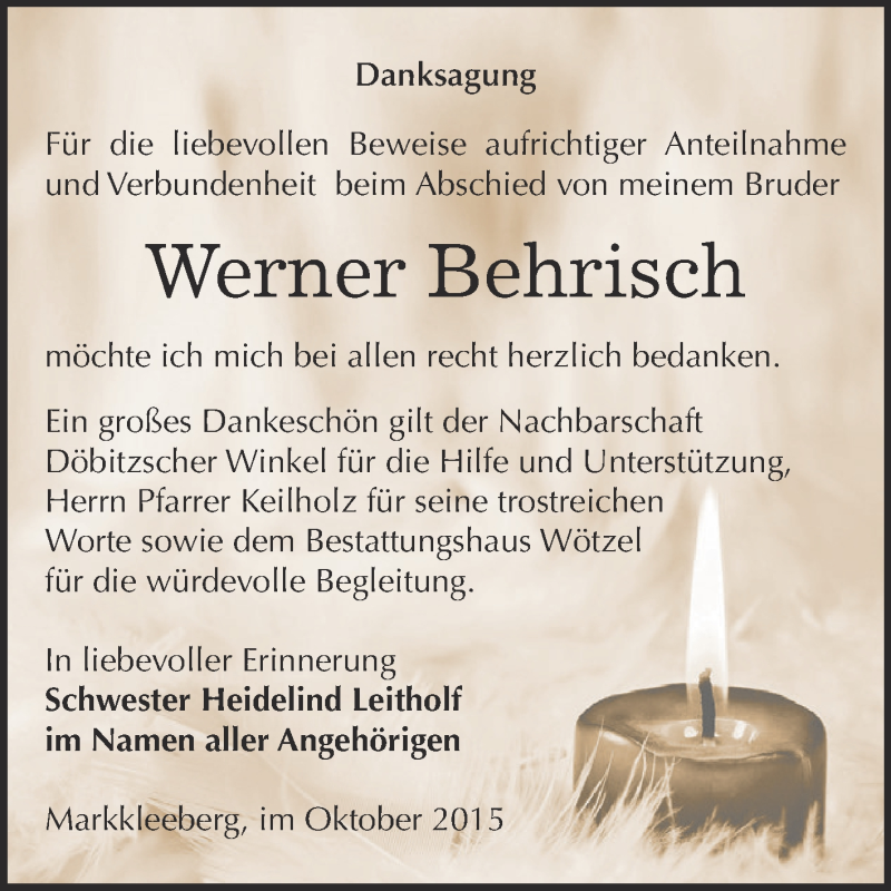  Traueranzeige für Werner Behrisch vom 17.10.2015 aus Super Sonntag Zeitz