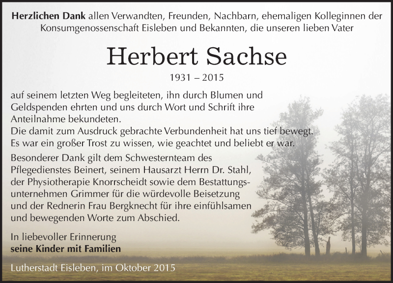  Traueranzeige für Herbert Sachse vom 16.10.2015 aus Mitteldeutsche Zeitung Mansfelder Land