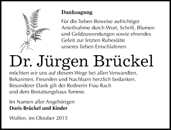 Traueranzeige von Jürgen Brückel von Mitteldeutsche Zeitung Bitterfeld