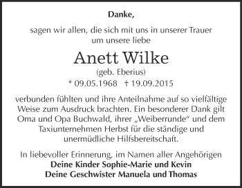 Traueranzeige von Anett Wilke von WVG - Wochenspiegel Dessau / Köthen