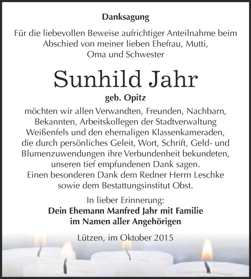  Traueranzeige für Sunhild Jahr vom 28.10.2015 aus Super Sonntag Merseburg