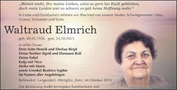 Traueranzeige von Waltraud Elmrich von Super Sonntag Zeitz