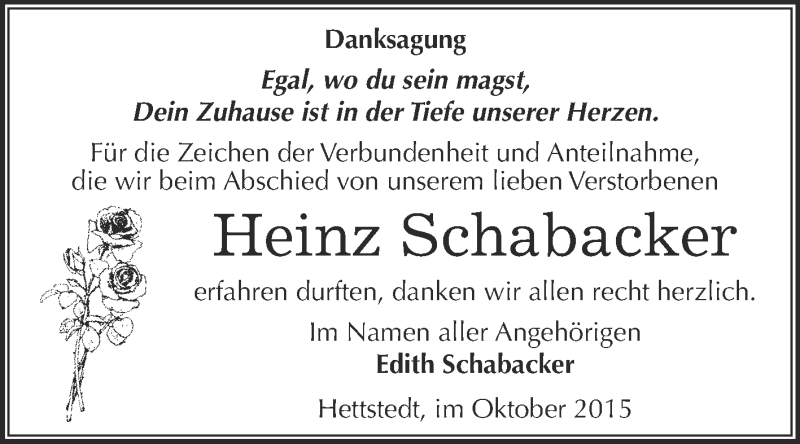  Traueranzeige für Heinz Schabacker vom 28.10.2015 aus Wochenspiegel Mansfelder Land